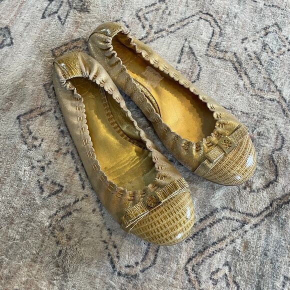 Tory Burch Romy Tan & Gold Cap Toe Leather Ballet Flats Shoes SZ 7.5 Classic EUC - Picture 3 of 11